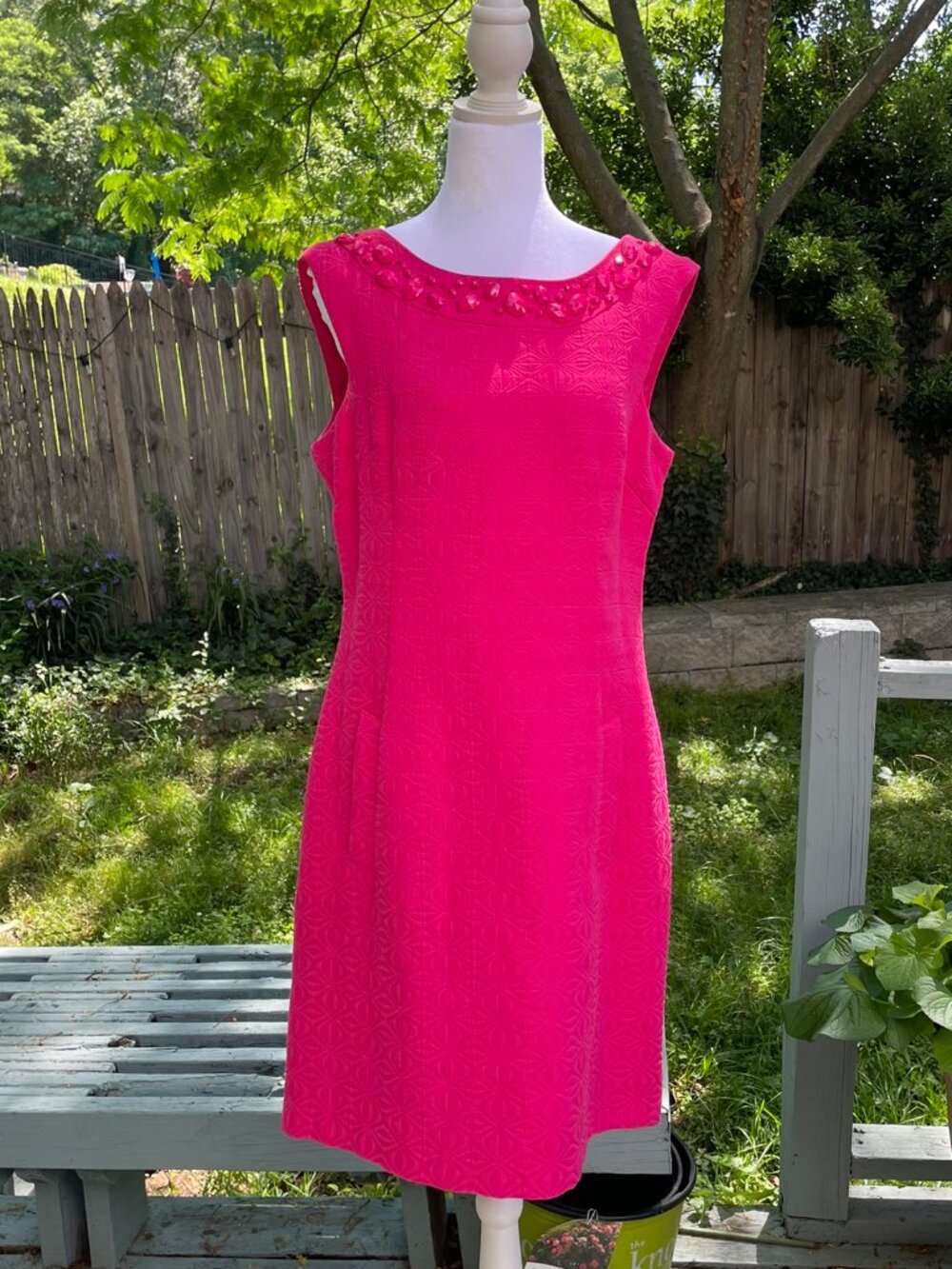 POCKETS! Sophisticated Jeweled Neck Textured Sheath - Hot Pink
